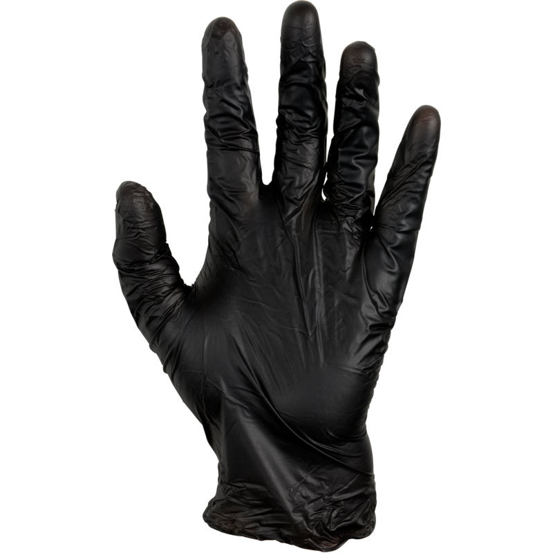 A raised left hand wearing a glove from Abena Re-Seller GmbH Thor Black Vinyl, Vitrile Blend, Powder-Free with slightly spread fingers is shown against a white background.