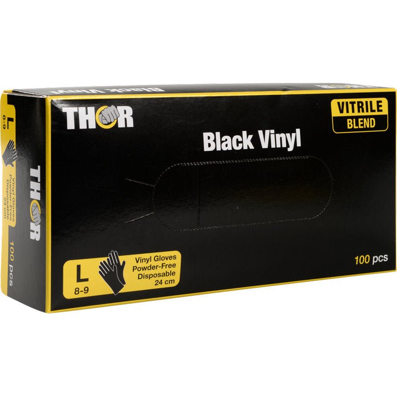 A box of Thor Black Vinyl, Vitrile Blend, powder-free disposable gloves, size L (8-9), 100 pieces from Abena Re-Seller GmbH. The black box with yellow accents shows the key glove information on the front.