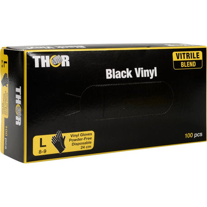 A box of Thor Black Vinyl, Vitrile Blend, powder-free disposable gloves, size L (8-9), 100 pieces from Abena Re-Seller GmbH. The black box with yellow accents shows the key glove information on the front.