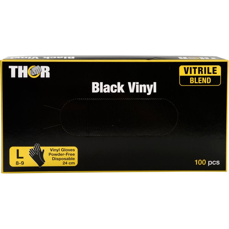 A box with 100 Abena Re-Seller GmbH Thor Black Vinyl Vitrile Blend disposable gloves, size large (8-9), powder-free, 24 cm length. The box has a black background with yellow and white lettering.
