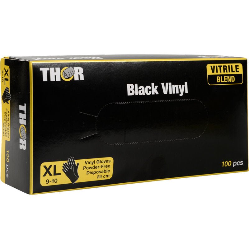 A black-yellow box with the inscription "Thor Black Vinyl, Vitrile Blend, Powder-Free" from Abena Re-Seller GmbH contains 100 XL disposable gloves with a durable Vitrile blend and detailed branding on the front.