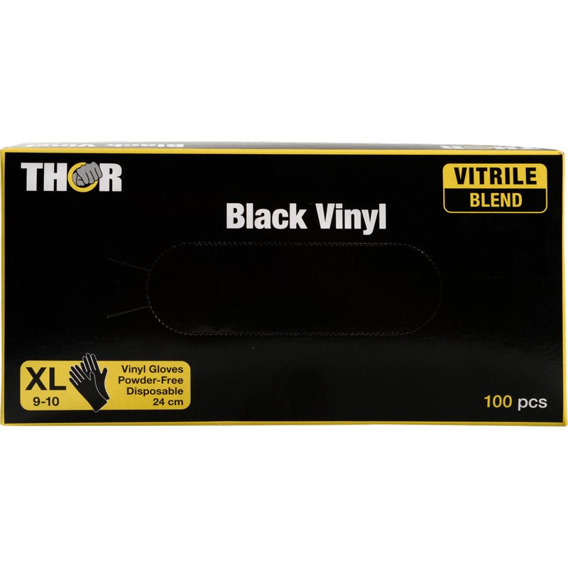 A box of Thor Black Vinyl, Vitrile Blend, powder-free from Abena Re-Seller GmbH, size XL 9-10, contains 100 pieces (24 cm long) in black-yellow design.