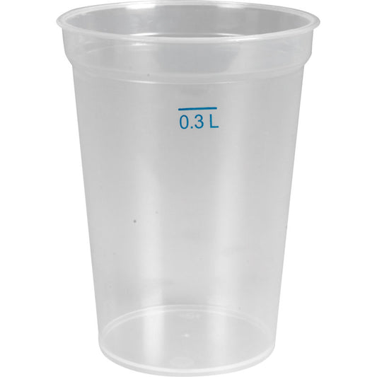 The transparent, reusable PP drinking cup from Abena Re-Seller GmbH is shown empty and standing upright against a white background. It is dishwasher-safe, eco-friendly, and perfect for sustainable use.