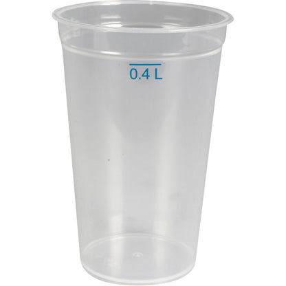 A transparent Abena Re-Seller GmbH reusable drinking cup (PP) with a 0.4 L blue measurement marking near the rim stands empty and dishwasher safe on a plain white background.