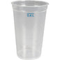 A transparent Abena Re-Seller GmbH reusable drinking cup (PP) with a 0.4 L blue measurement marking near the rim stands empty and dishwasher safe on a plain white background.