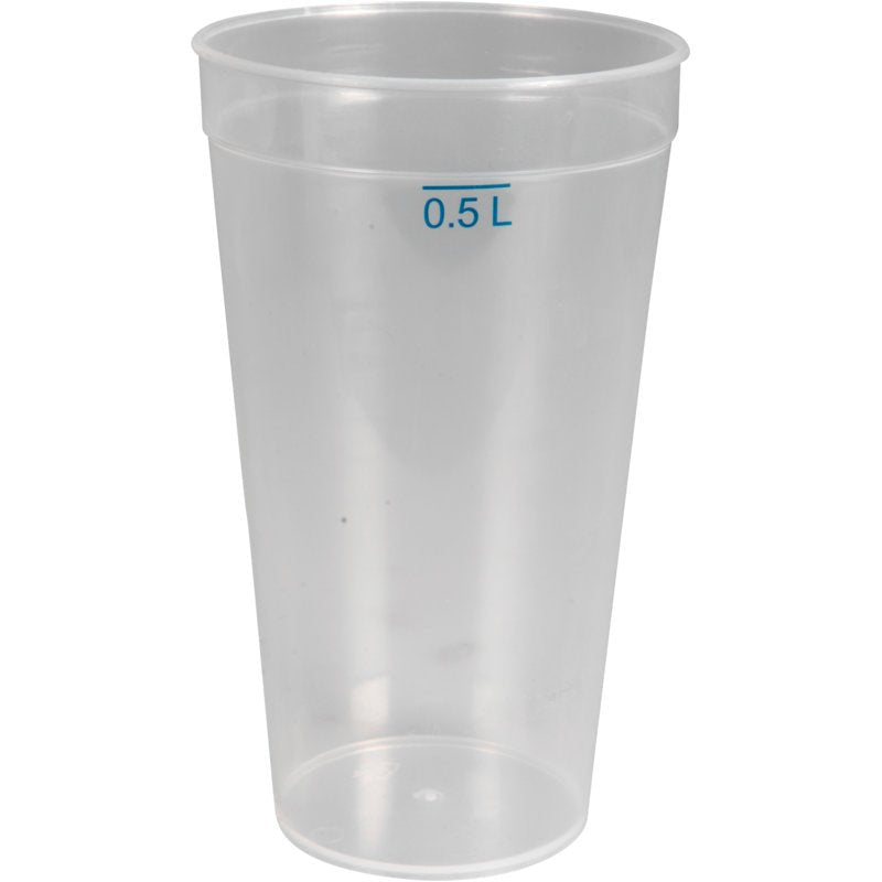 The transparent reusable drinking cup made of PP by Abena Re-Seller GmbH is dishwasher safe, environmentally friendly, holds 0.5 L, and has a blue marking. The empty cup stands against a white background.