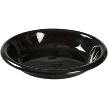 The Abena Re-Seller GmbH reusable plate (550 ml, black, PP) features a round, flat design with a glossy, speckled surface. Environmentally friendly and dishwasher-safe; pack of 12. Perfect for serving against a white background.