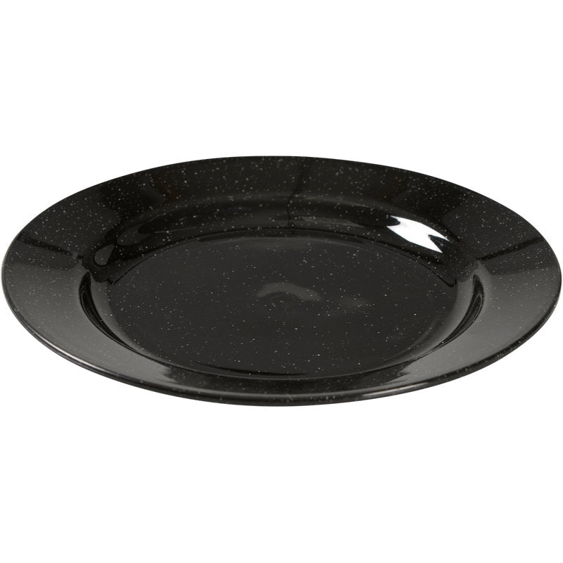 The Abena Re-Seller GmbH reusable plate, black: a round, glossy black reusable plate with subtle white speckles - an eco-friendly alternative for your table, depicted from a slightly elevated angle on a white background.