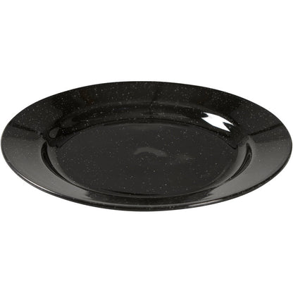 The Abena Re-Seller GmbH reusable plate, black: a round, glossy black reusable plate with subtle white speckles - an eco-friendly alternative for your table, depicted from a slightly elevated angle on a white background.