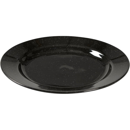 The Abena Re-Seller GmbH Reusable Plate, Black: a round, glossy black reusable plate with subtle white speckles—an eco-friendly alternative for your table, shown from a slightly elevated angle against a white background.