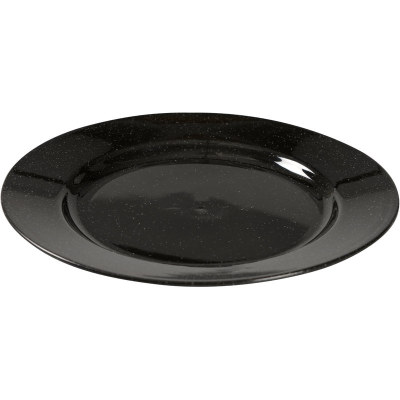 The reusable plate, black from Abena Re-Seller GmbH is a round, glossy black plate with a subtly raised edge - an eco-friendly alternative for your table, depicted in a simple design on a white base.
