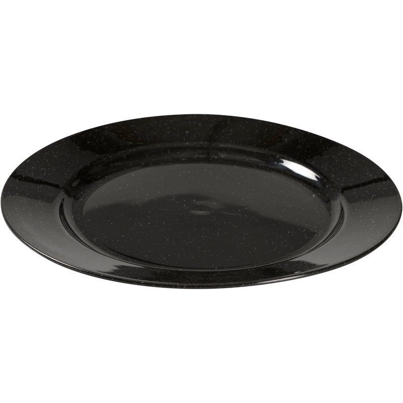 The Abena Re-Seller GmbH reusable plate, black is characterized by a glossy, black speckled surface and a round design - an eco-friendly alternative for stylish dining, depicted on a white background.