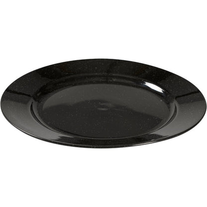 The Abena Re-Seller GmbH reusable plate, black is characterized by a glossy, black speckled surface and a round design - an eco-friendly alternative for stylish dining, depicted on a white background.