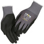 A pair of Thor Flex work gloves from Abena Re-Seller GmbH in gray and black with "THOR" lettering, technical information on the back, and a textured black coating on the palms and fingers for better grip.