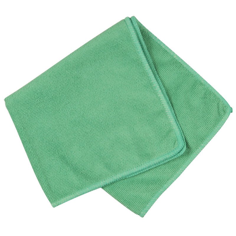 A folded light green microfiber cloth ENA Standard (40x40 cm) by Abena Re-Seller GmbH with neatly stitched edges is presented against a white background.