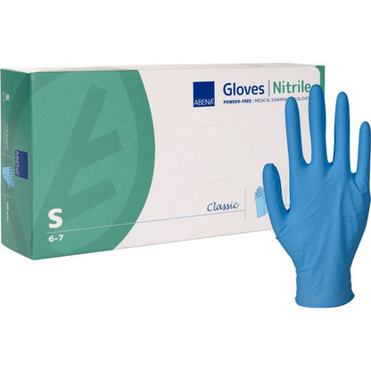 A white-green box from Abena Re-Seller GmbH, labeled "Nitrile Gloves Classic, Powder-Free, Blue" in Size S, lies next to a blue glove and indicates powder-free, medically suitable disposable gloves.