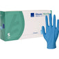 A white-green box from Abena Re-Seller GmbH, labeled "Nitrile Gloves Classic, Powder-Free, Blue" in Size S, lies next to a blue glove and indicates powder-free, medically suitable disposable gloves.