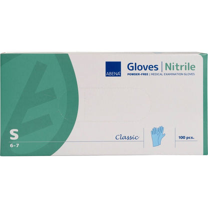 A box from Abena Re-Seller GmbH Nitrile Gloves Classic, powder-free, blue, Size small (6-7), medical examination gloves. Contains 100 pieces in a mostly white box with green and blue accents.
