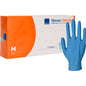 A package of Nitrile Gloves, Classic, powder-free, blue from Abena Re-Seller GmbH (Size Medium). A glove stands upright next to the white-orange box with product information.