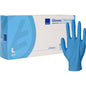 A box labeled "Nitrile Gloves, Classic, Powder-Free, Blue" from Abena Re-Seller GmbH with a prominent blue "L" for Large stands next to an upright glove; according to the box, these are powder-free medical examination gloves.