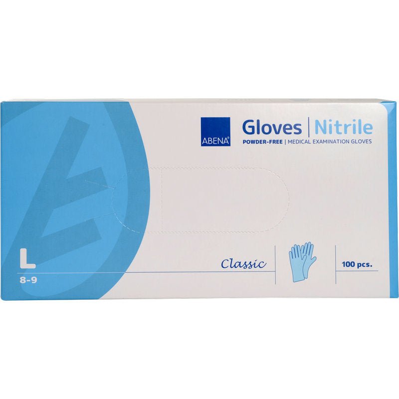 A box of Nitrile Gloves Classic, powder-free, blue from Abena Re-Seller GmbH (Size Large 8-9) contains 100 pieces. The box displays all important details about the gloves and brand on the front.