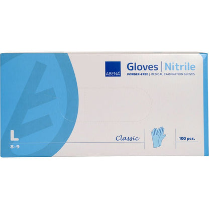 A box of Nitrile Gloves Classic, powder-free, blue from Abena Re-Seller GmbH (Size Large 8-9) contains 100 pieces. The box displays all important details about the gloves and brand on the front.