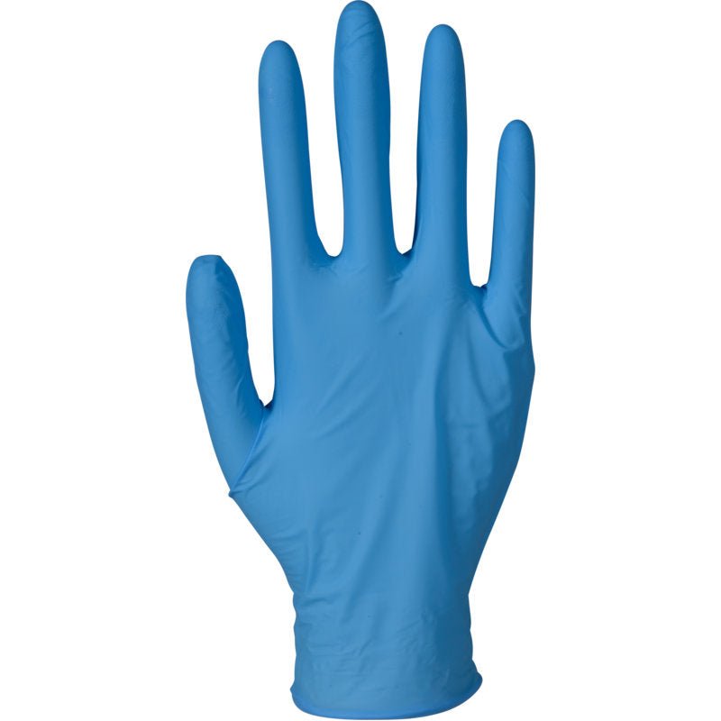 Pictured is an upright, palm-forward Nitrile Glove from Abena Re-Seller GmbH with splayed fingers. The glove is blue, classically cut, and powder-free.