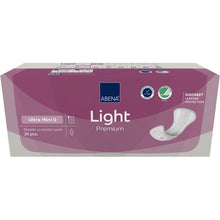 A rectangular box of ABENA Light Ultra Mini 0, Premium from Abena Re-Seller GmbH (24 pieces) features a purple design, a product image, and icons highlighting the discreet protection for pantyliner users.