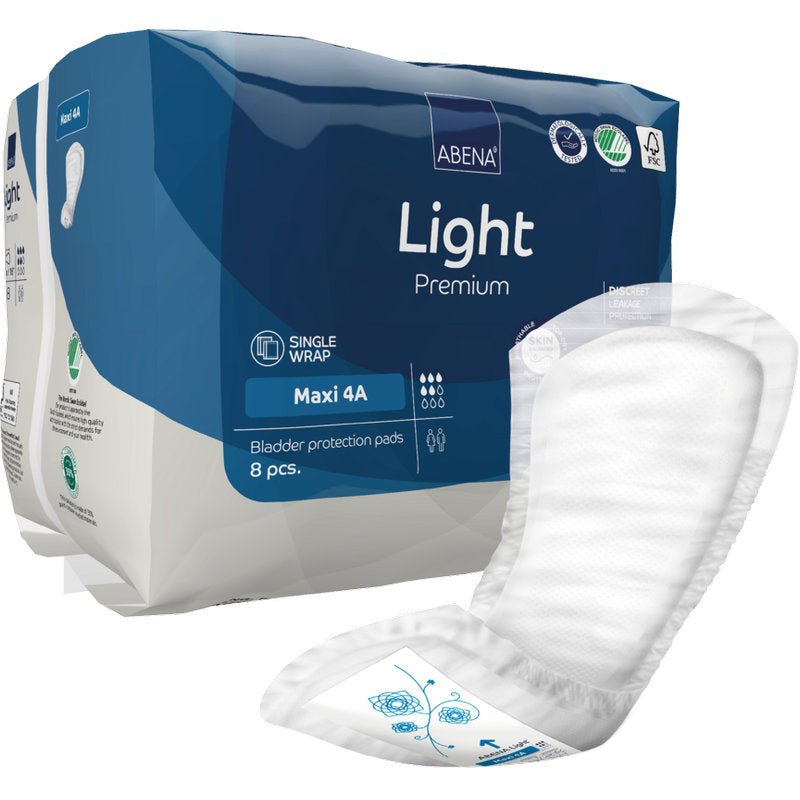 Pictured is a pack of ABENA Light Maxi 4A, Premium by Abena Re-Seller GmbH (8 pieces) with a tampon in the foreground highlighting the key features and certification symbols for premium bladder protection.