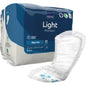 Pictured is a pack of ABENA Light Maxi 4A, Premium by Abena Re-Seller GmbH (8 pieces) with a tampon in the foreground highlighting the key features and certification symbols for premium bladder protection.
