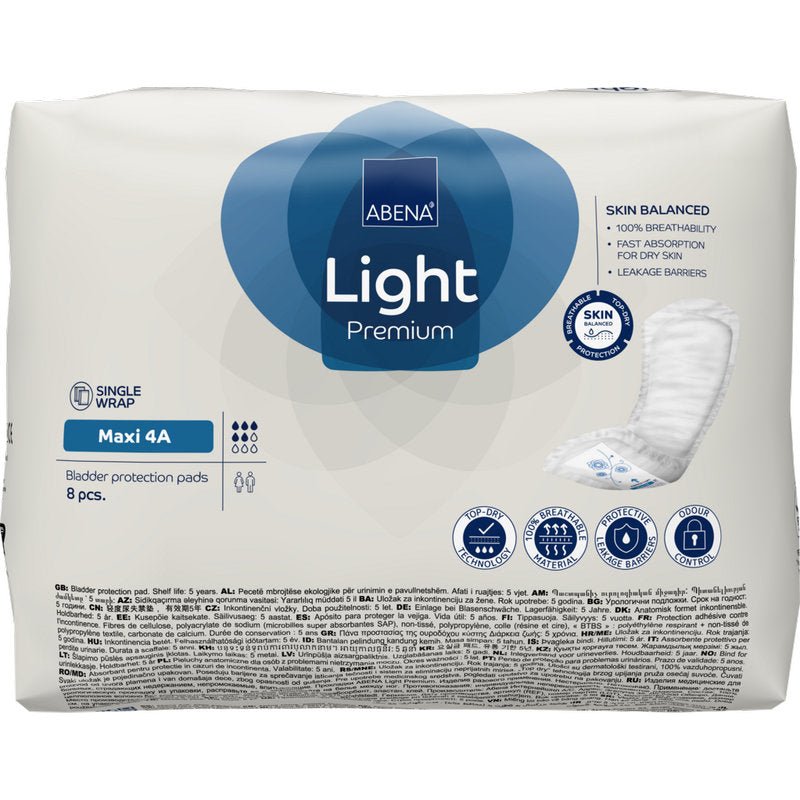 The ABENA Light Maxi 4A, Premium | Pack (8 pieces) from Abena Re-Seller GmbH offers breathable, fast-absorbing incontinence pads with leak protection and certified quality. Contains 8 pads per pack.