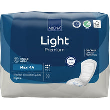 A pack of ABENA Light Maxi 4A, Premium (8 pieces) by Abena Re-Seller GmbH with blue and white packaging and a tampon motif advertises discreet protection and a skin-friendly design for incontinence.