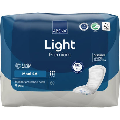 A pack of ABENA Light Maxi 4A, Premium (8 pieces) by Abena Re-Seller GmbH with blue and white packaging and a tampon motif advertises discreet protection and a skin-friendly design for incontinence.
