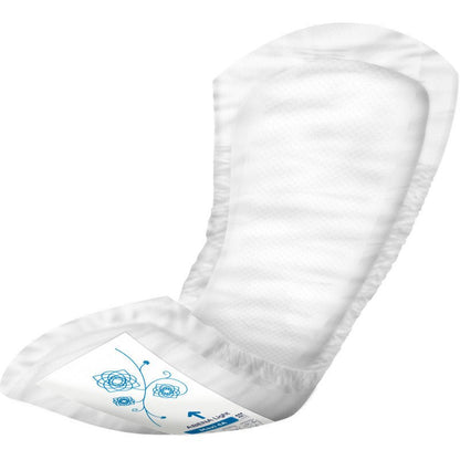 The close-up of an ABENA Light Maxi 4A, Premium panty liner by Abena Re-Seller GmbH (pack of 8 pieces) shows a contoured, absorbent white pad with a blue floral pattern and adhesive strip, ideal for incontinence protection.