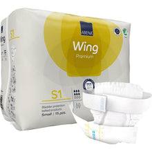 A package of Abena Re-Seller GmbH ABENA Wing Premium with an unfolded white adult diaper on the front; the packaging shows 15 small-sized samples that provide reliable protection and comfort for users.