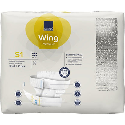 A package of ABENA Wing Premium by Abena Re-Seller GmbH, size S1 (15 pieces). White and yellow packaging emphasizes skin balance, quick absorption, reliable leak barriers for protection and comfort.