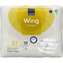A 15-pack of ABENA Wing Premium by Abena Re-Seller GmbH, size Small, comes in a predominantly white packaging with yellow accents, highlighting protection and comfort, and a product image on the front.