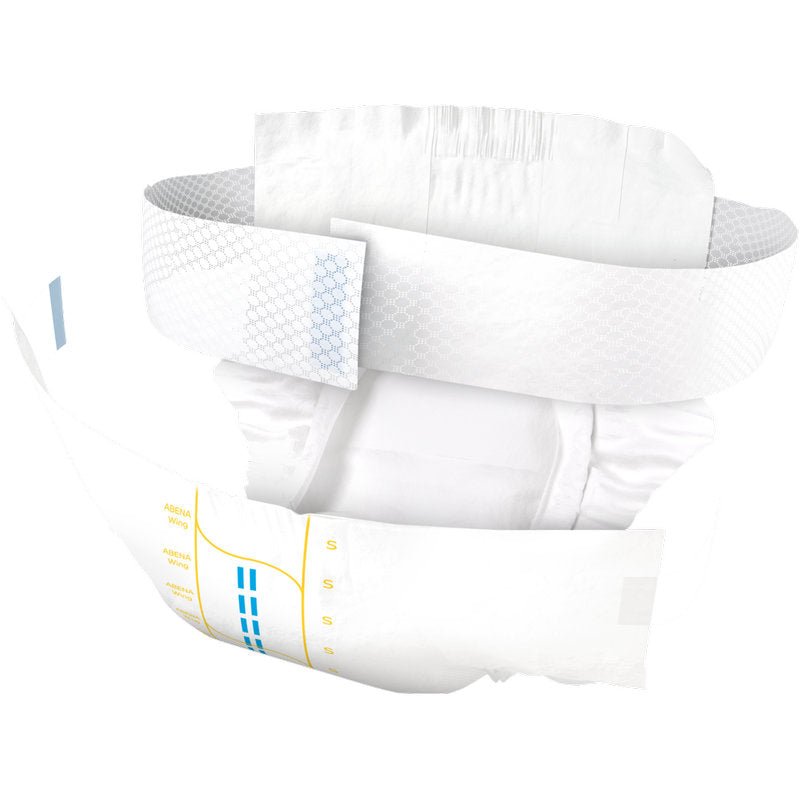 The ABENA Wing Premium by Abena Re-Seller GmbH is a disposable adult diaper with elastic cuffs, adhesive tabs, absorbent filling, and light blue/yellow printed lines for protection and comfort.