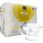 An upright standing package of ABENA Wing Premium by Abena Re-Seller GmbH is presented with a belt diaper in front. The package contains 15 small pieces that offer protection and comfort for reliable bladder protection.