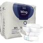 A package of Abena Re-Seller GmbH ABENA Wing Premium is shown with an unfolded pad on the front that offers protection and comfort. The packaging states that it contains 15 medium-sized pads for bladder protection.