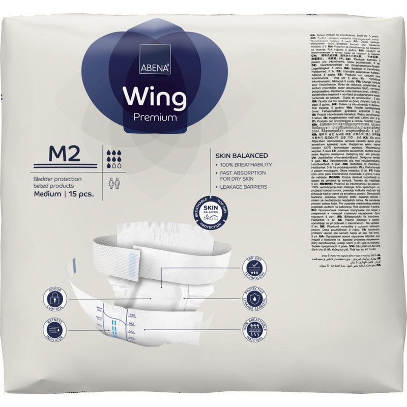 A package of ABENA Wing Premium by Abena Re-Seller GmbH, medium size, contains 15 briefs and offers breathability, quick absorption, leak barriers for protection and comfort.