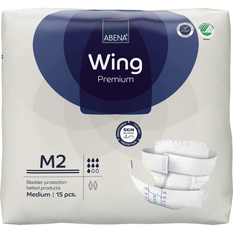 A package of ABENA Wing Premium by Abena Re-Seller GmbH offers top protection for medium bladder needs. The white package with blue accents, featuring a product image, contains 15 pieces.