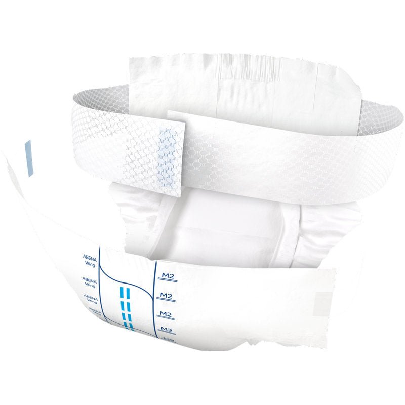 The ABENA Wing Premium by Abena Re-Seller GmbH is opened, showing an elastic waistband, side tabs, and blue measurement lines. This incontinence product offers protection and comfort with a padded interior and edges for reliable leak protection.