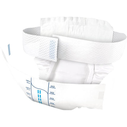 The ABENA Wing Premium by Abena Re-Seller GmbH is opened, showing an elastic waistband, side tabs, and blue measurement lines. This incontinence product offers protection and comfort with a padded interior and edges for reliable leak protection.