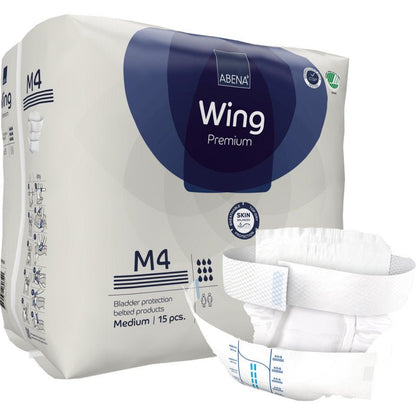 Pictured is a pack of ABENA Wing Premium by Abena Re-Seller GmbH with 15 medium-sized pieces and an open product at the front - for optimal comfort and protection for bladder needs.