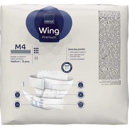 A 15-pack of ABENA Wing Premium briefs by Abena Re-Seller GmbH offers protection and comfort with skin-friendly design, fast absorption, and leak barriers at the front.