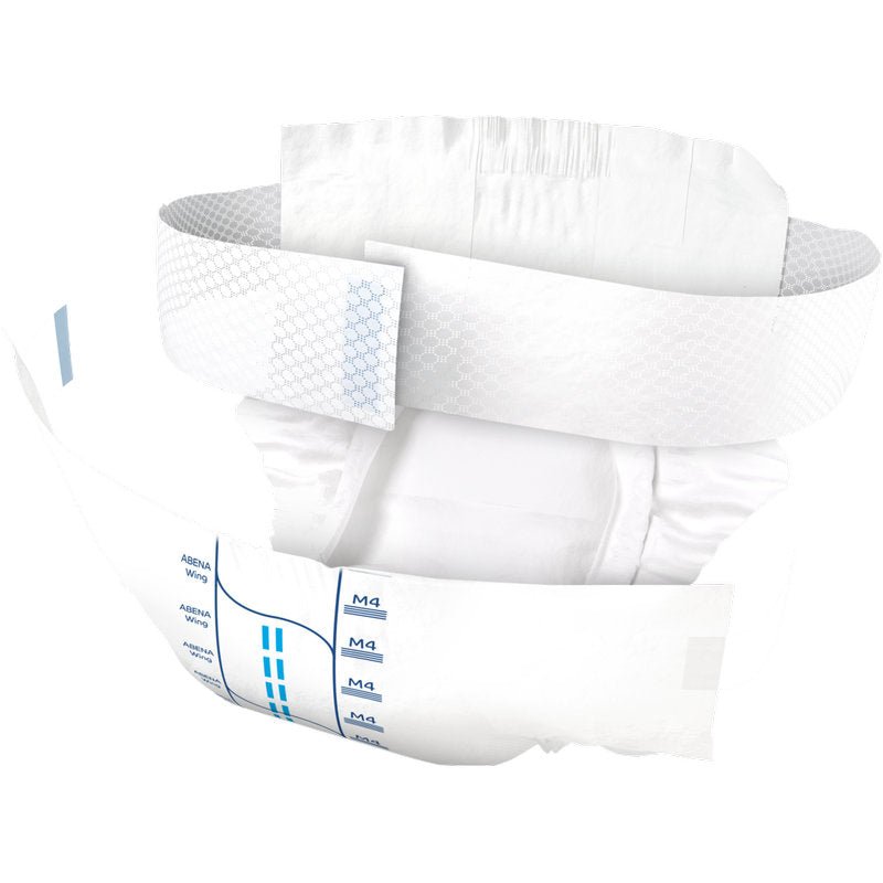 The ABENA Wing Premium adult diaper by Abena Re-Seller GmbH is shown open, revealing blue lines, an elastic waistband, and adhesive tabs - thus providing ultimate protection among leading incontinence products.