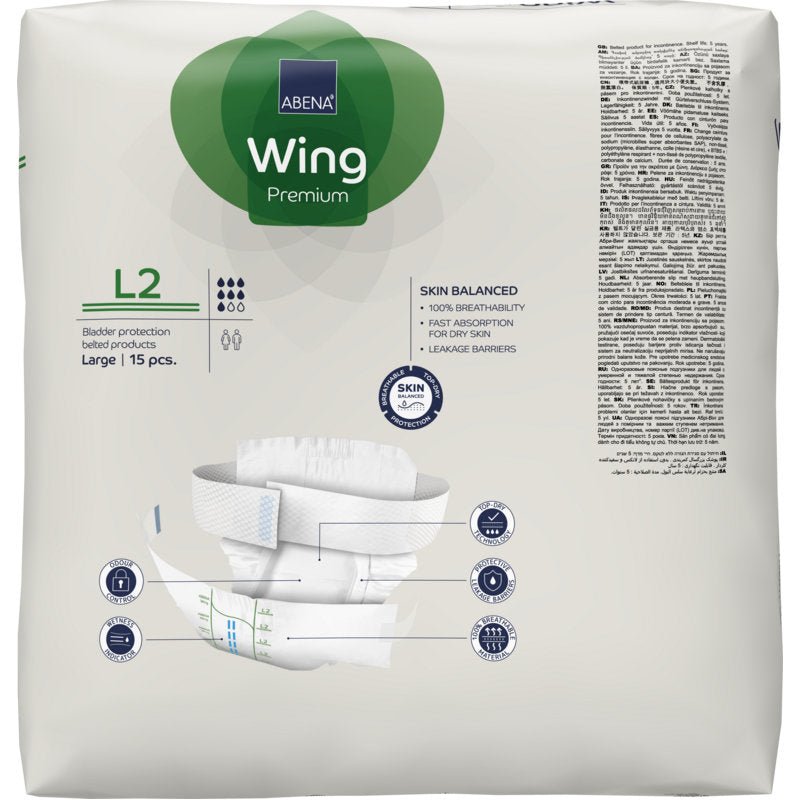 A 15-pack of ABENA Wing Premium bladder protection pads, large size, by Abena Re-Seller GmbH. The white packaging with green and blue accents shows an image of the pad on the front for comfort and protection.