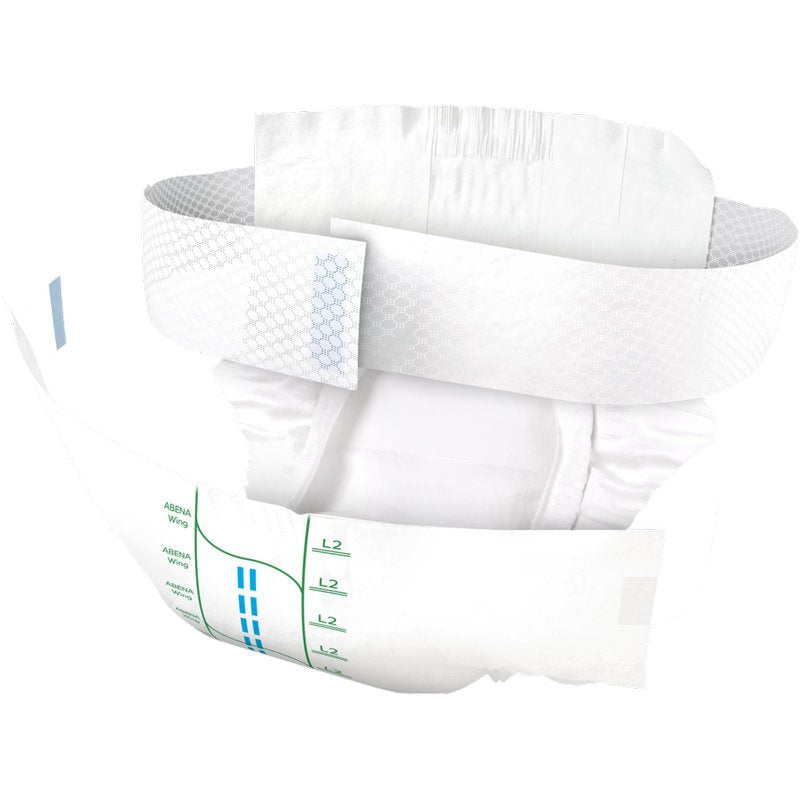 The ABENA Wing Premium by Abena Re-Seller GmbH is a disposable adult diaper with elastic cuffs, adhesive tabs, blue and green wetness indicators, visible inner padding, textured outer layer, and offers protection and comfort.