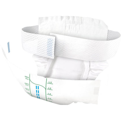 The ABENA Wing Premium by Abena Re-Seller GmbH is a disposable adult diaper with elastic cuffs, adhesive tabs, blue and green wetness indicators, visible inner padding, textured outer layer, and offers protection and comfort.